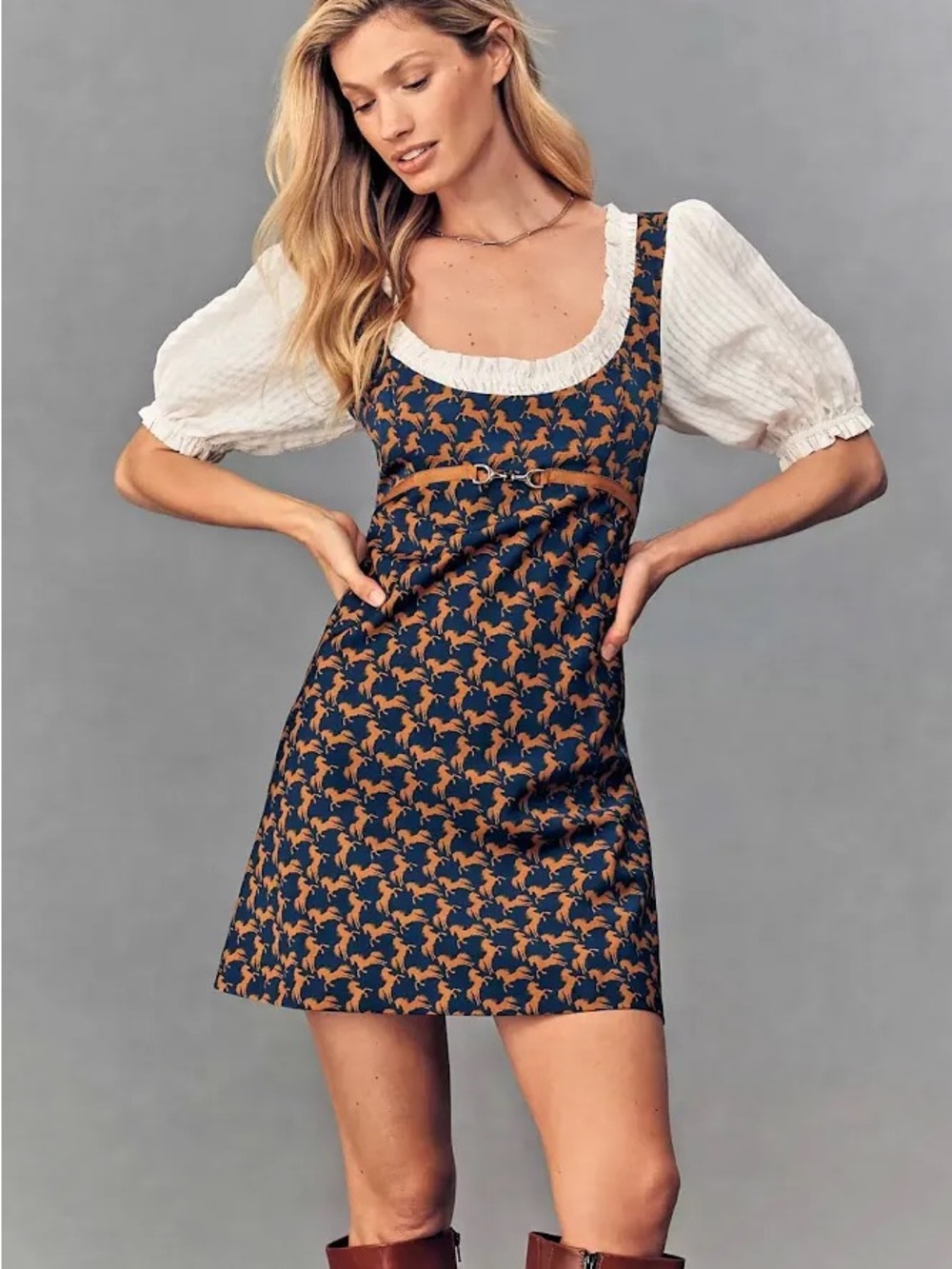 Maeve Equestrian Blue and Mustard Dress with puff sleeve - Picture 4 of 4